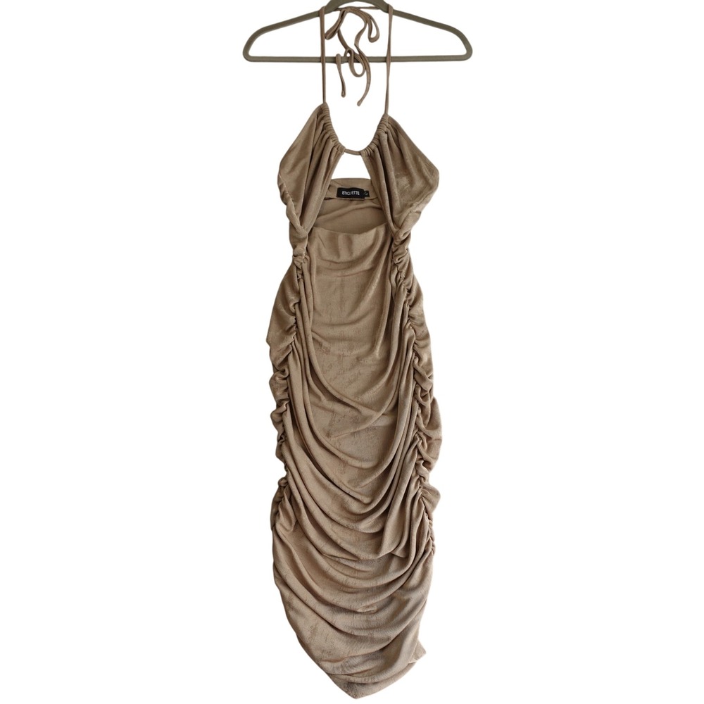 ETIQUETTE Midi Dress Womens L Beige‎ Halter Ruched  Slinky Bodycon Cutout Sexy